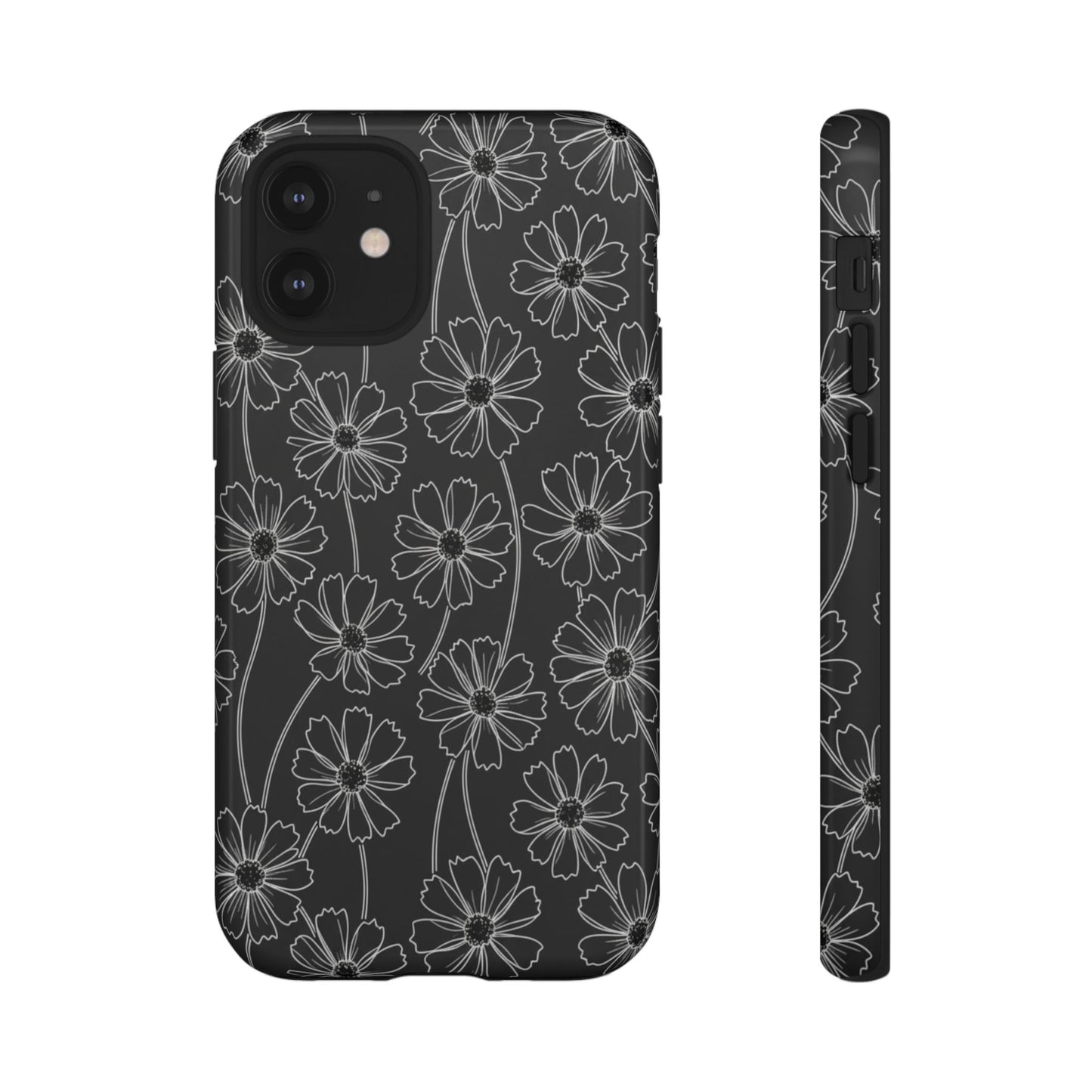 Floral Doodle Tough Phone Case — Black & Gray Daisy Pattern