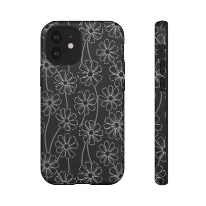 Floral Doodle Tough Phone Case — Black & Gray Daisy Pattern