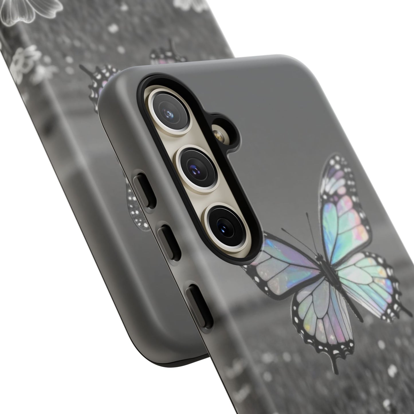 Butterfly Field Tough Phone Case — Pastel Holographic Butterfly on Black & White Floral Background