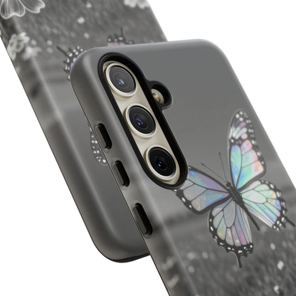 Butterfly Field Tough Phone Case — Pastel Holographic Butterfly on Black & White Floral Background