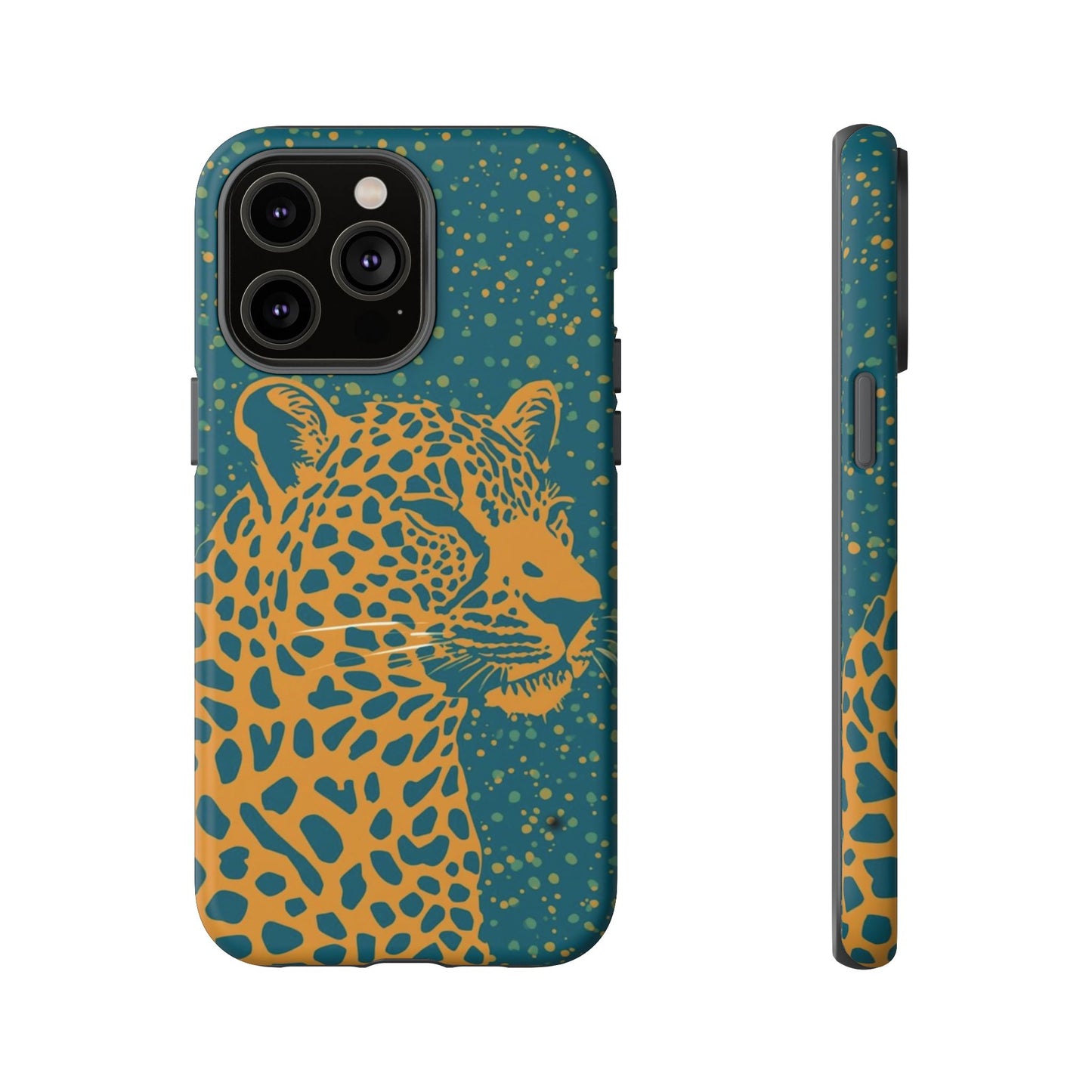 Leopard Print Tough Phone Case — Gold Panther on Teal, Protective iPhone Cover
