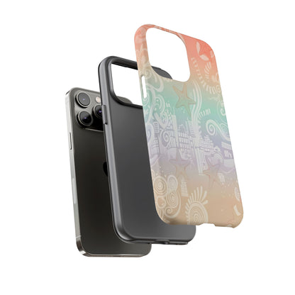 Tough Cases: Pastel Beach Pattern Phone Case — Starfish & Coastal Cityscape Protective Cover