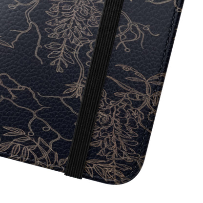 Botanical Noir Flip Phone Case — Dark Floral Wallet Cover with Card Slots