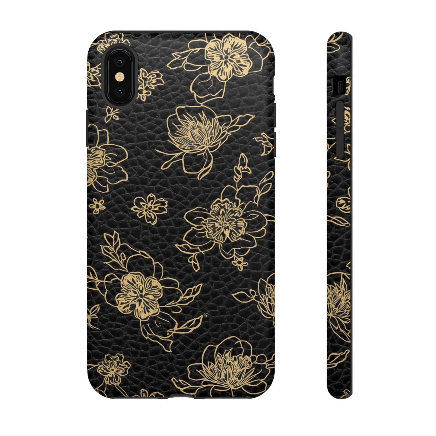 Floral Leather Phone Case — Gold Outline Flowers on Black Tough Case