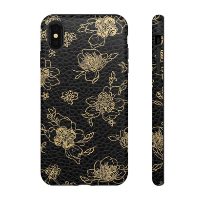 Floral Leather Phone Case — Gold Outline Flowers on Black Tough Case