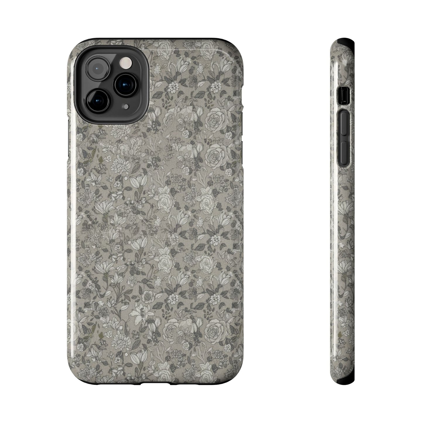Gray Floral Tough Phone Case — Durable Protective Phone Cover with Vintage Botanical Pattern