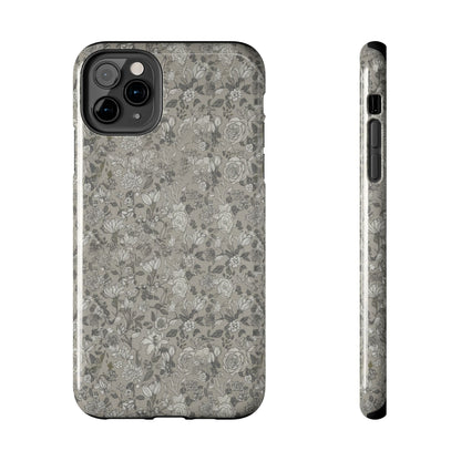 Gray Floral Tough Phone Case — Durable Protective Phone Cover with Vintage Botanical Pattern