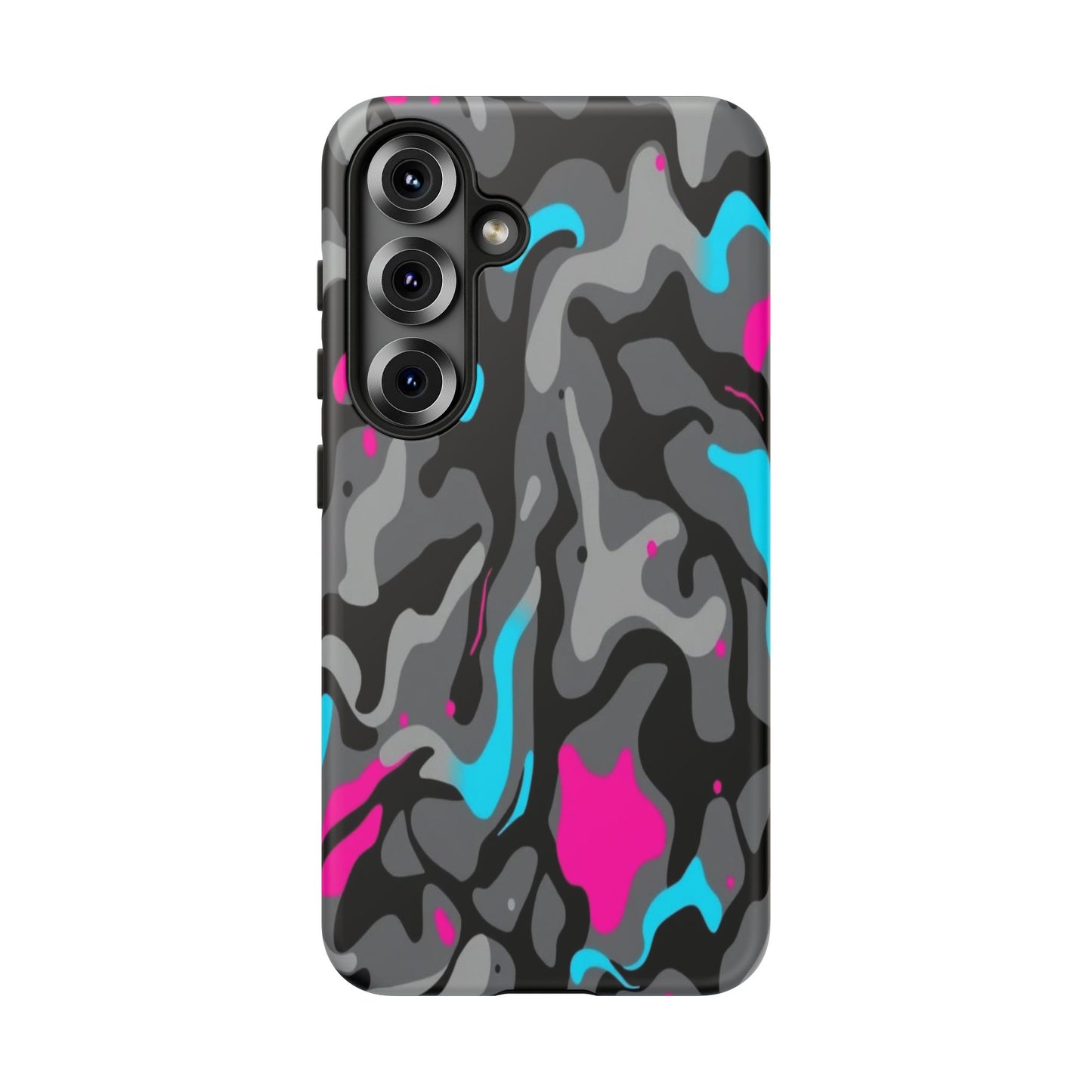 Camouflage Phone Case — Gray Camo with Neon Pink & Cyan Accent Tough Protective Cover