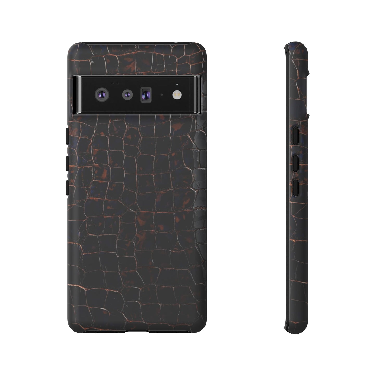 Croc-Embossed Tough Phone Case — Shockproof Black Alligator Texture