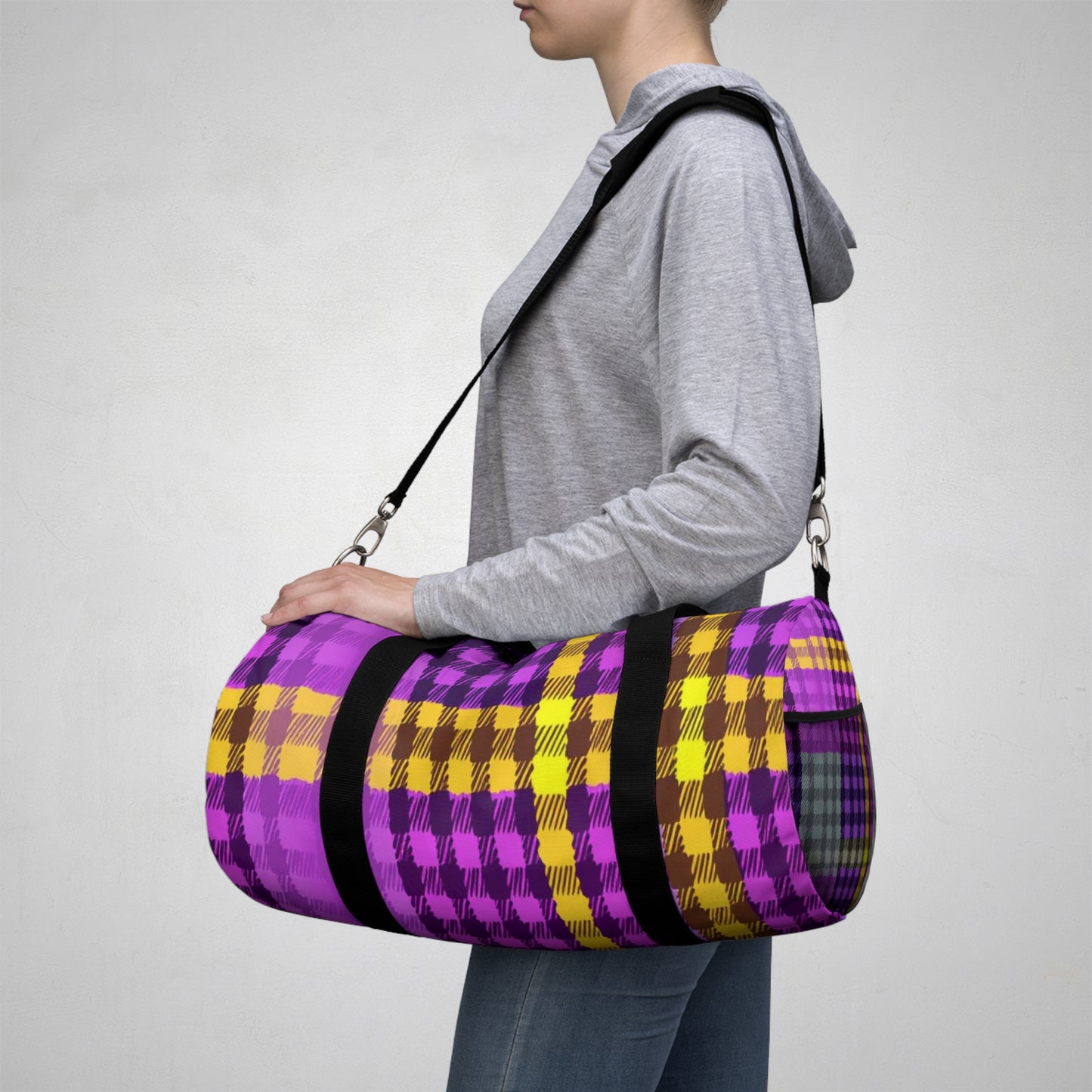 Purple & Gold Plaid Duffel Bag — Retro Travel Gym Bag