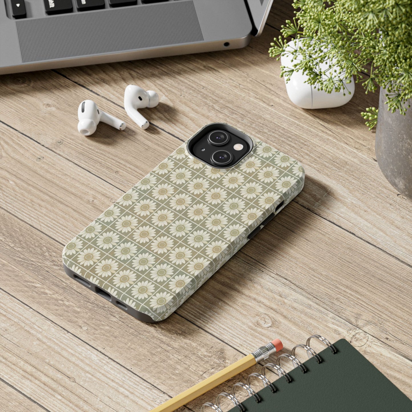 Daisy Tile Tough Phone Case — Retro Floral Protective Phone Cover
