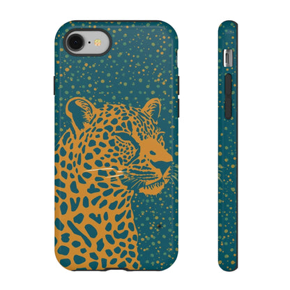 Leopard Print Tough Phone Case — Gold Panther on Teal, Protective iPhone Cover