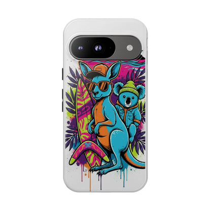 Kangaroo & Koala Surf Phone Case — Retro Neon Beach Art Tough Case