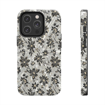 Floral Vintage Tough Phone Case — Black & Gray Rustic Flower Protective Case
