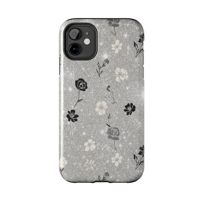 Floral Glitter Tough Phone Case — Black & Silver Vintage Flower Protective Cover