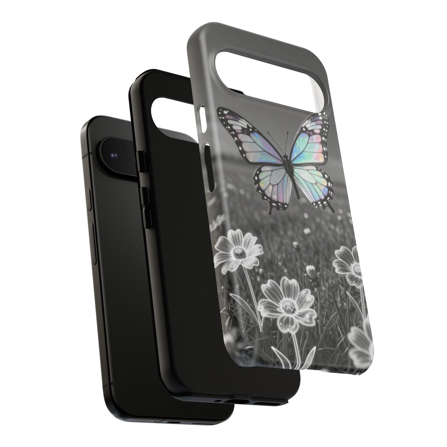 Butterfly Field Tough Phone Case — Pastel Holographic Butterfly on Black & White Floral Background