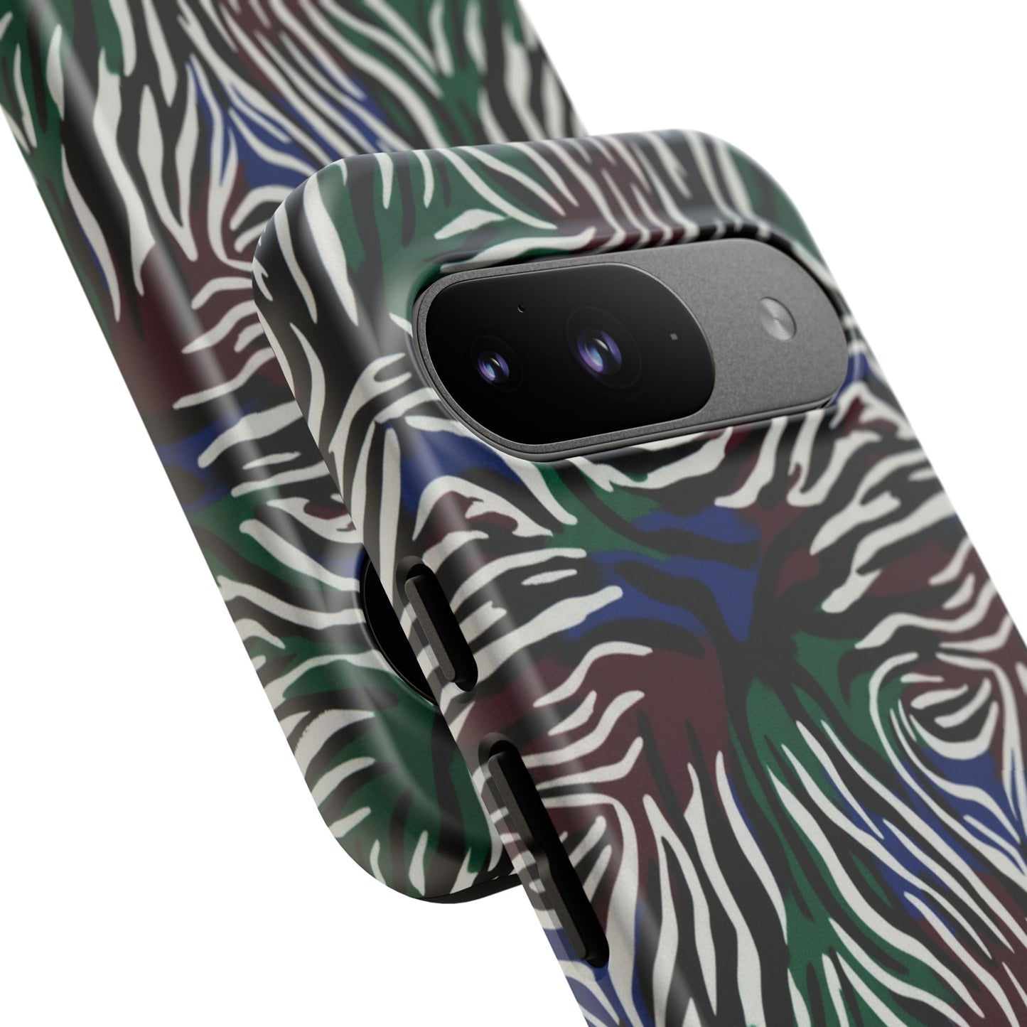 Zebra Camo Tough Phone Case – Green & Blue Animal Print Protective Cover