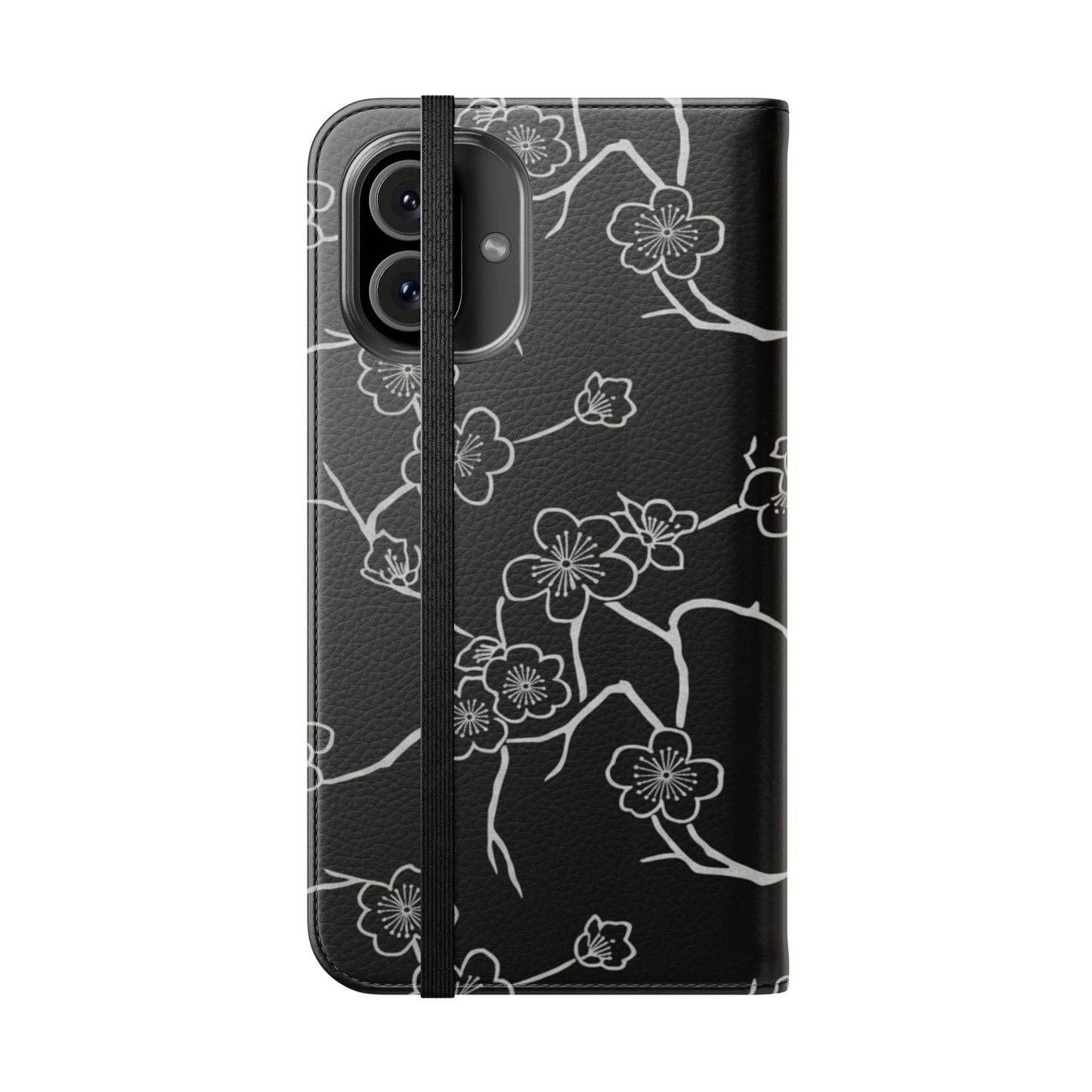 Black Cherry Blossom Flip Phone Case – Floral Wallet Flip Case with Card Slots
