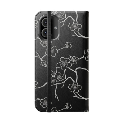 Black Cherry Blossom Flip Phone Case – Floral Wallet Flip Case with Card Slots