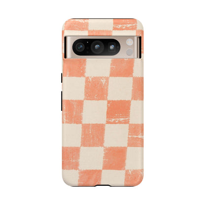 Peach Checkerboard Tough Phone Case — Retro Distressed Grid Design