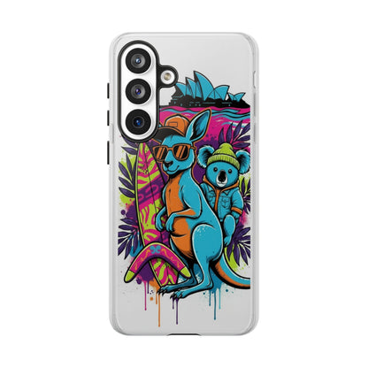 Kangaroo & Koala Surf Phone Case — Retro Neon Beach Art Tough Case