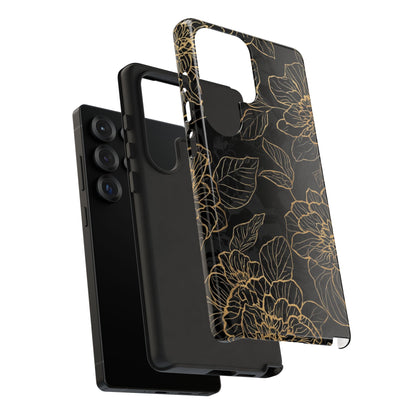 Floral Gold Outline Tough Phone Case – Black Botanical Protective Cover
