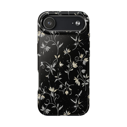 Floral Noir Tough Phone Case — Vintage Black Botanical Protective Cover