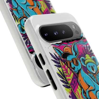 Kangaroo & Koala Surf Phone Case — Retro Neon Beach Art Tough Case