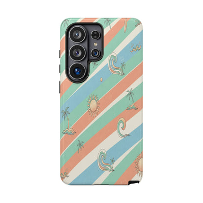Retro Beach Stripes Phone Case — Sun, Waves & Palm Pattern Tough Case
