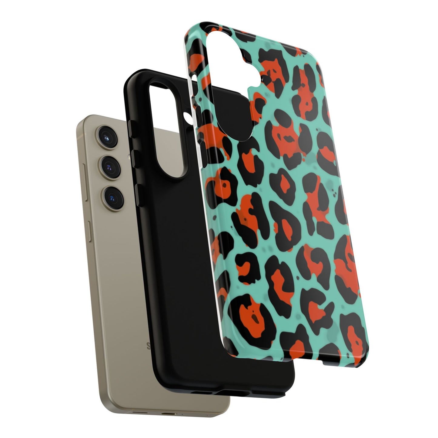 Leopard Print Tough Phone Case — Teal & Rust Protective iPhone Cover