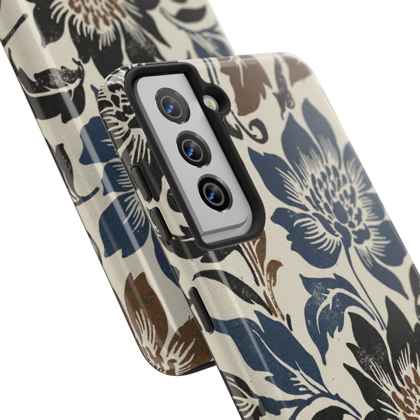 Floral Vintage Tough Phone Case — Blue & Brown Botanical Protection