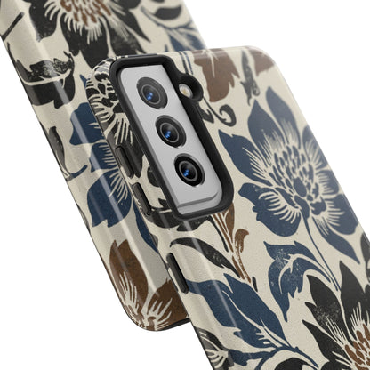 Floral Vintage Tough Phone Case — Blue & Brown Botanical Protection