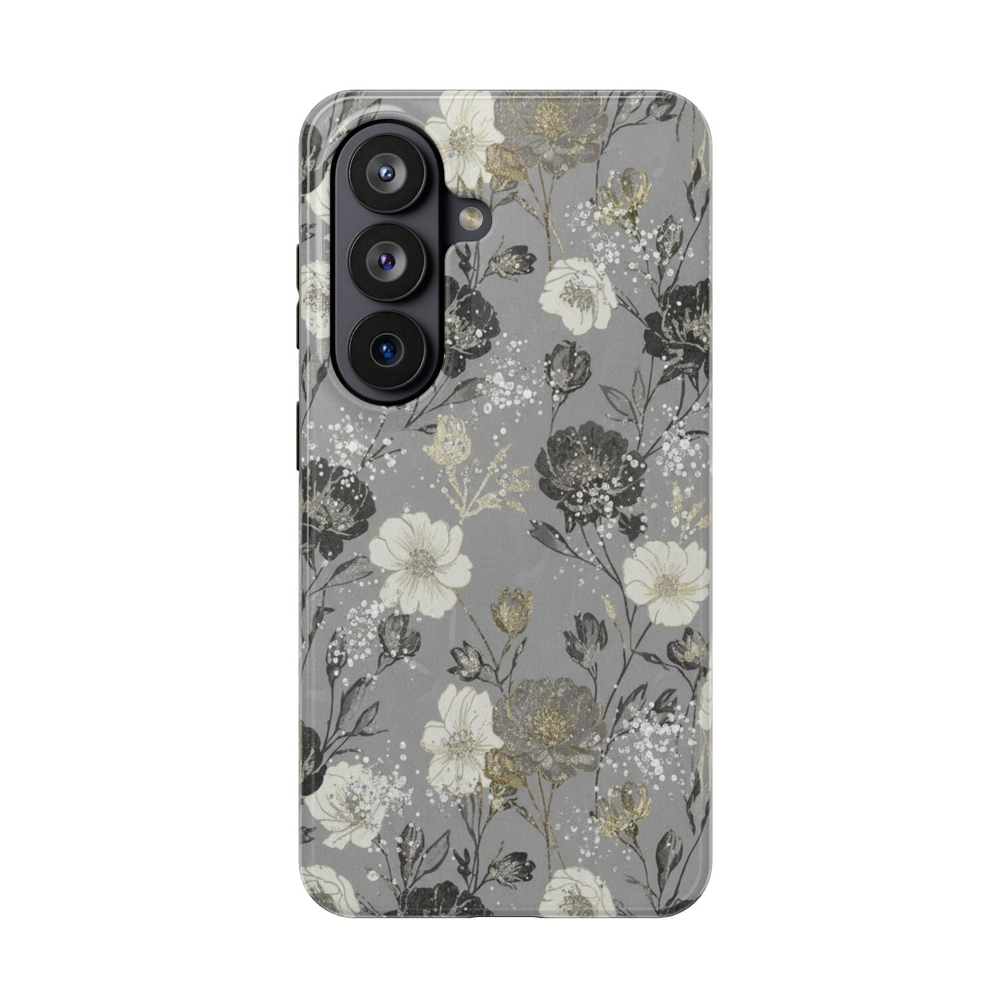 Floral Gray Tough Phone Case — Elegant Protective Phone Cover with Gold Accent