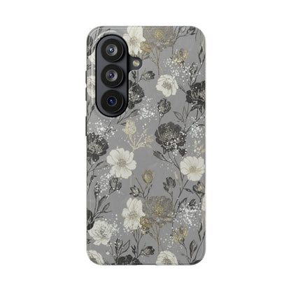 Floral Gray Tough Phone Case — Elegant Protective Phone Cover with Gold Accent