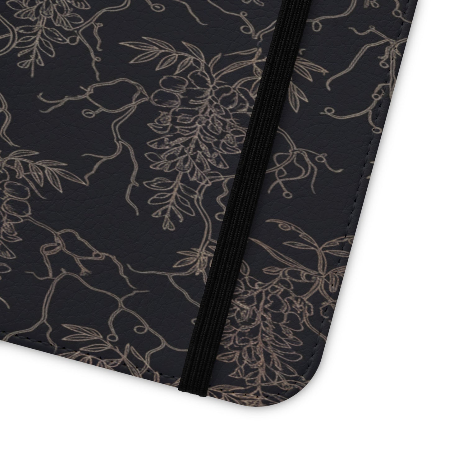 Botanical Noir Flip Phone Case — Dark Floral Wallet Cover with Card Slots