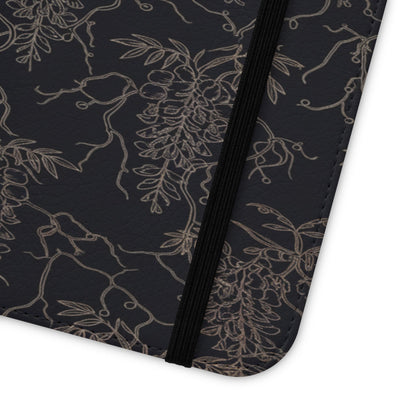 Botanical Noir Flip Phone Case — Dark Floral Wallet Cover with Card Slots