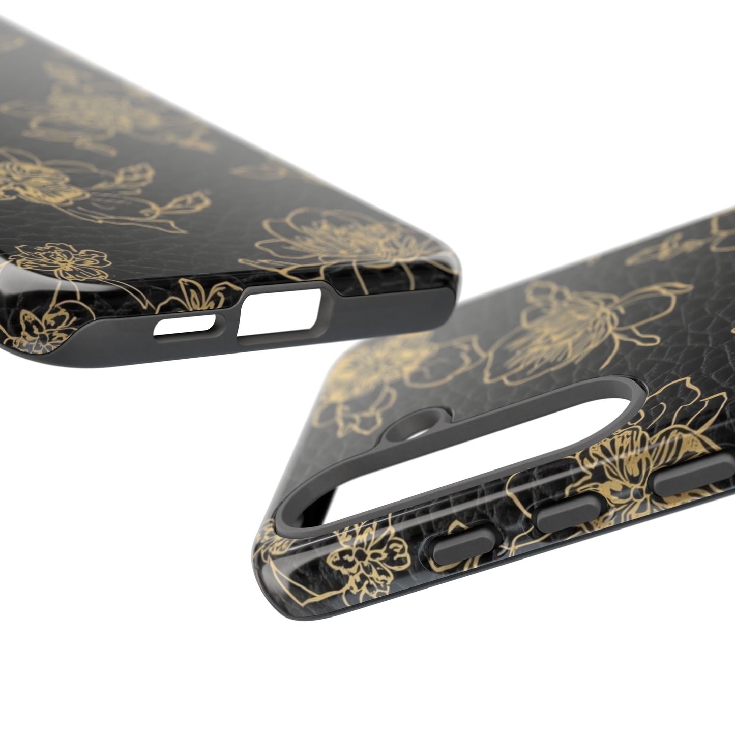 Floral Leather Phone Case — Gold Outline Flowers on Black Tough Case