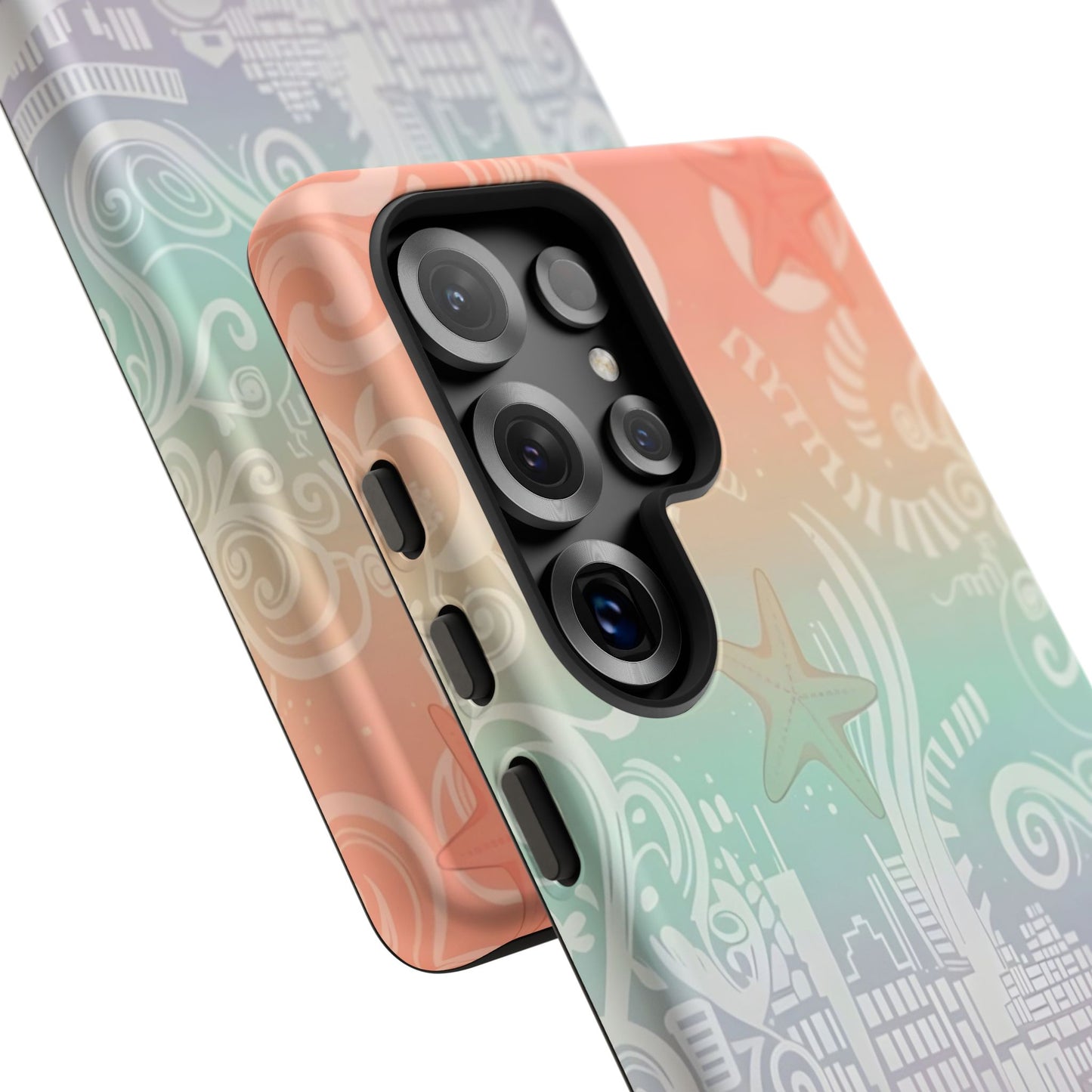 Tough Cases: Pastel Beach Pattern Phone Case — Starfish & Coastal Cityscape Protective Cover