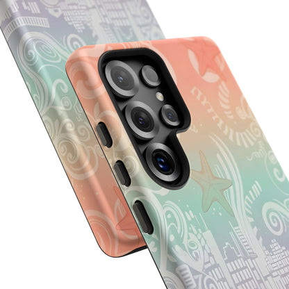 Tough Cases: Pastel Beach Pattern Phone Case — Starfish & Coastal Cityscape Protective Cover