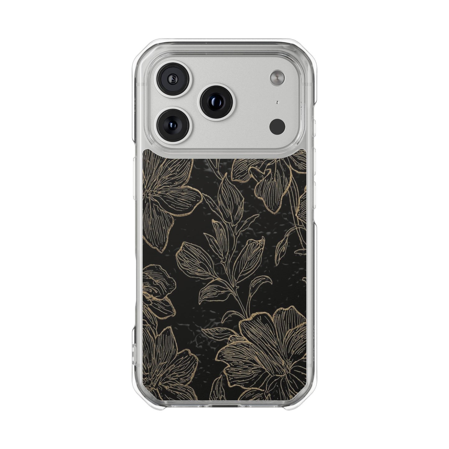 Floral Sketch Magnetic Clear Phone Case — Black & Gold Botanical Impact Case