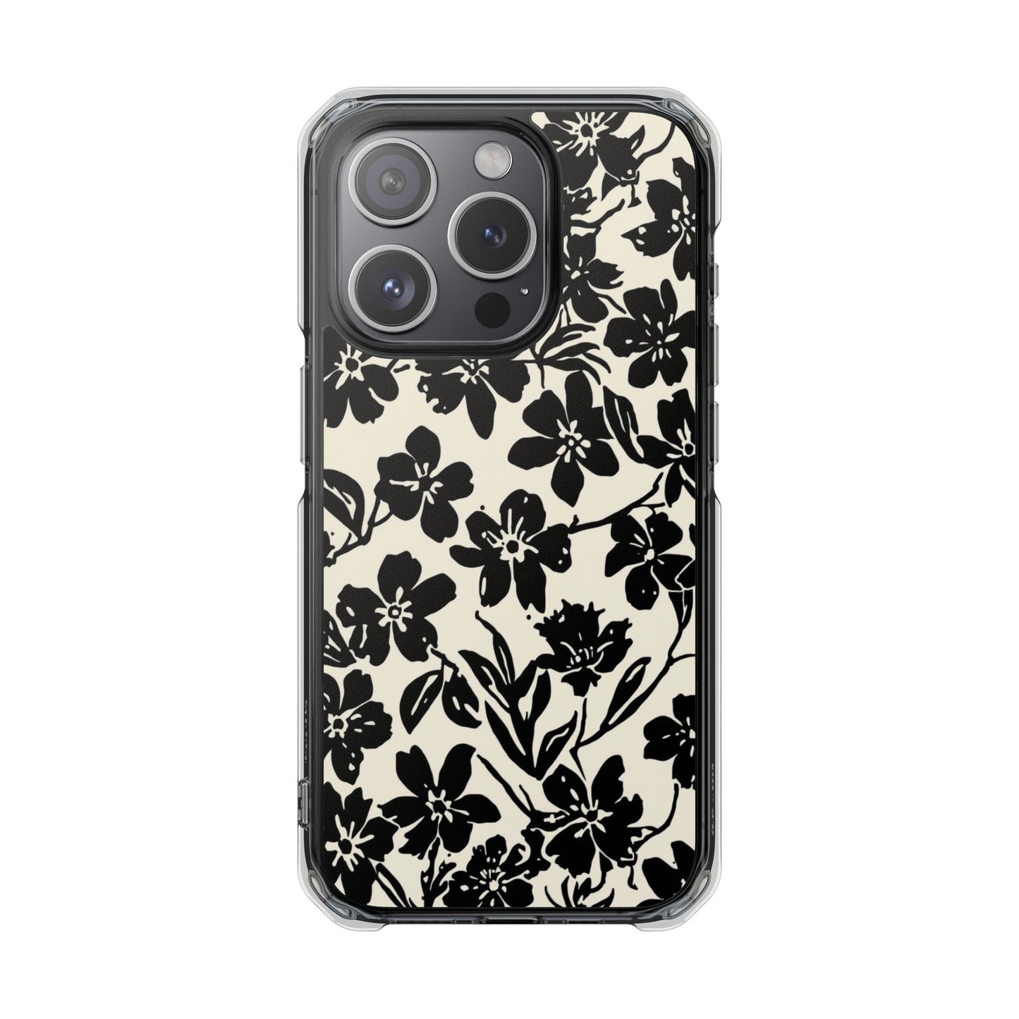 Clear Magnetic Phone Case — Black Floral Silhouette Design