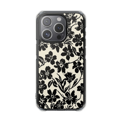 Clear Magnetic Phone Case — Black Floral Silhouette Design