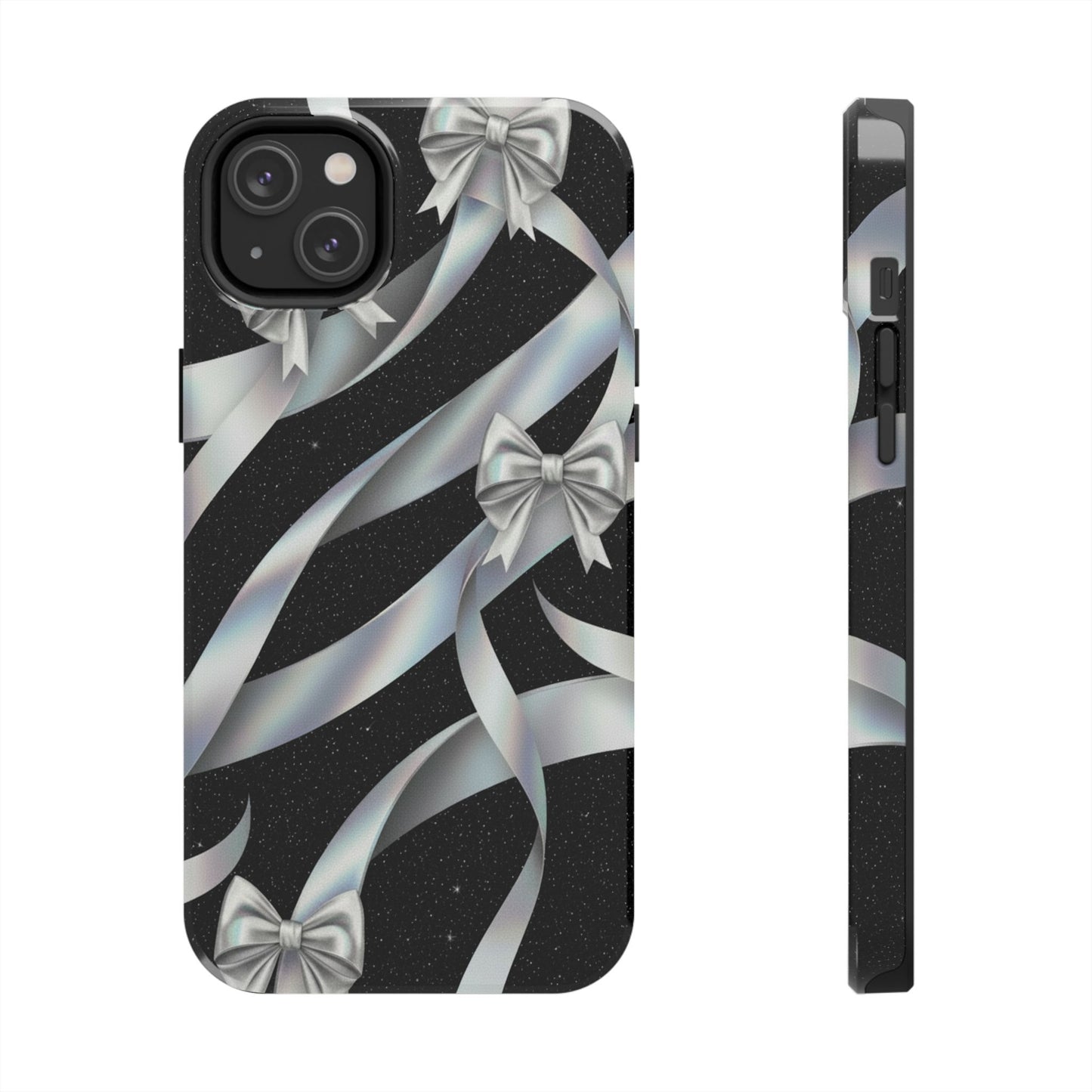 Silver Ribbon Bow Tough Phone Case — Glitter Black Protective Phone Case
