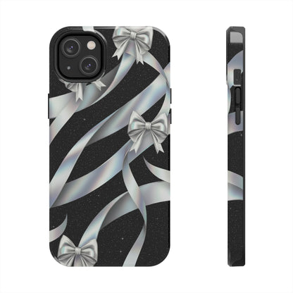 Silver Ribbon Bow Tough Phone Case — Glitter Black Protective Phone Case