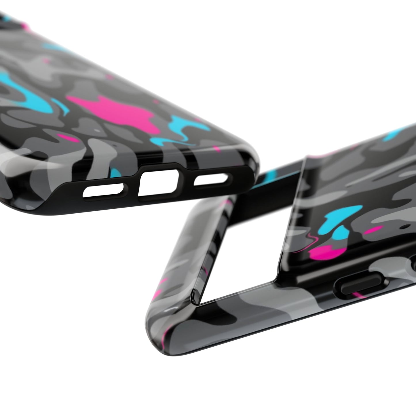 Camouflage Phone Case — Gray Camo with Neon Pink & Cyan Accent Tough Protective Cover