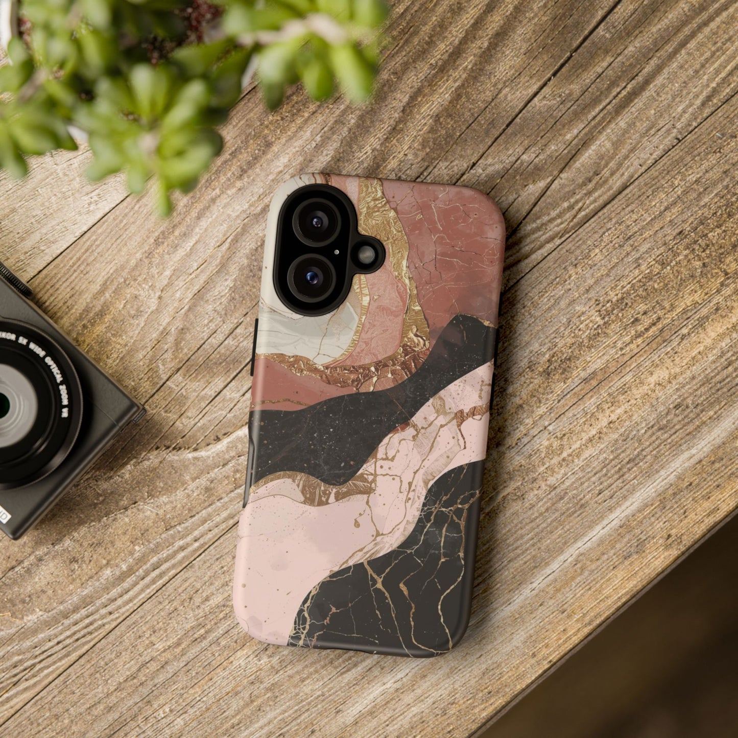 Marbled Rose Gold Phone Case — Abstract Pink & Black Protective Tough Case