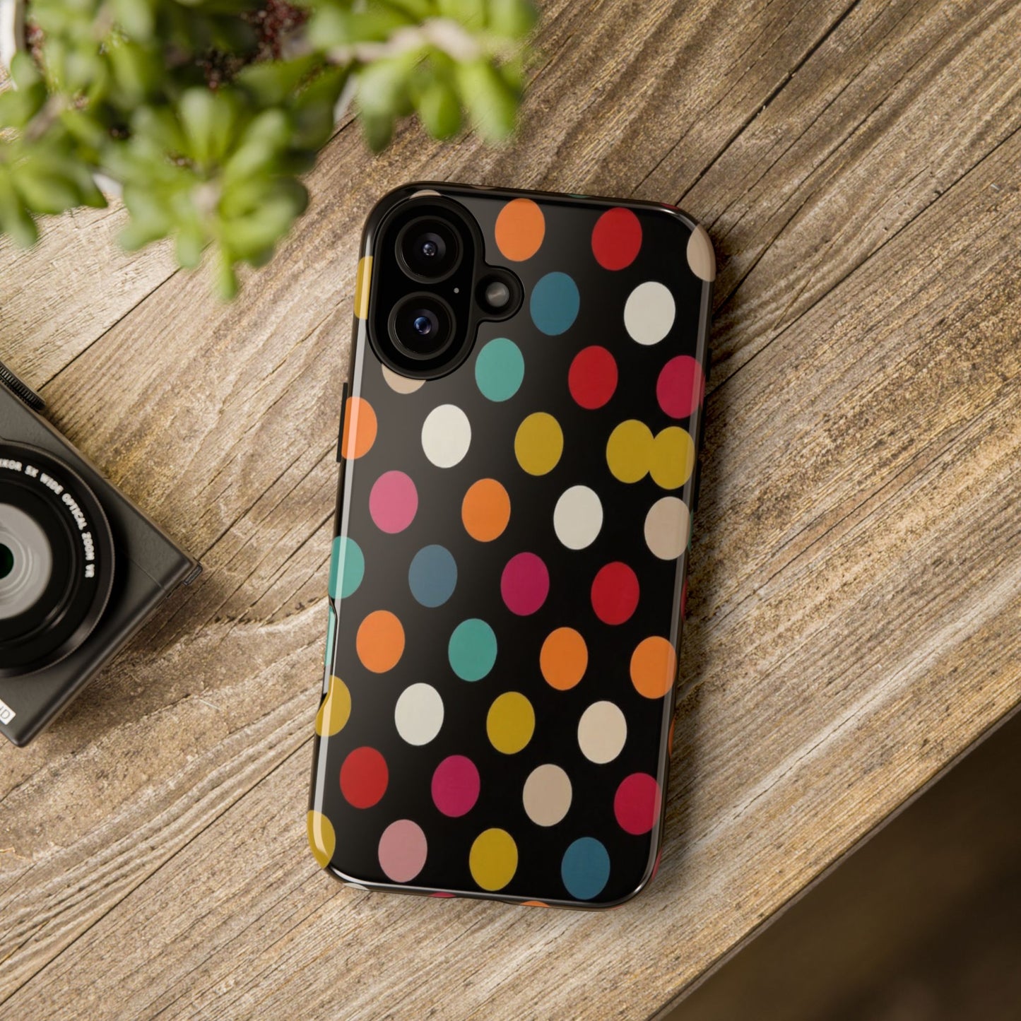 Polka Dot Tough Phone Case – Colorful Retro Dots on Black