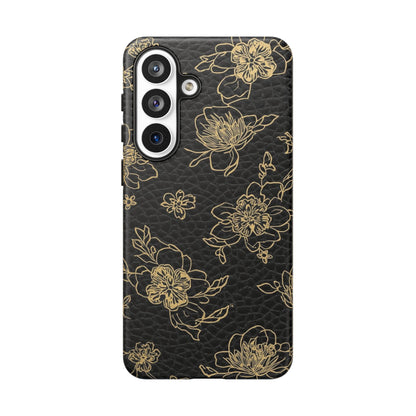 Floral Leather Phone Case — Gold Outline Flowers on Black Tough Case