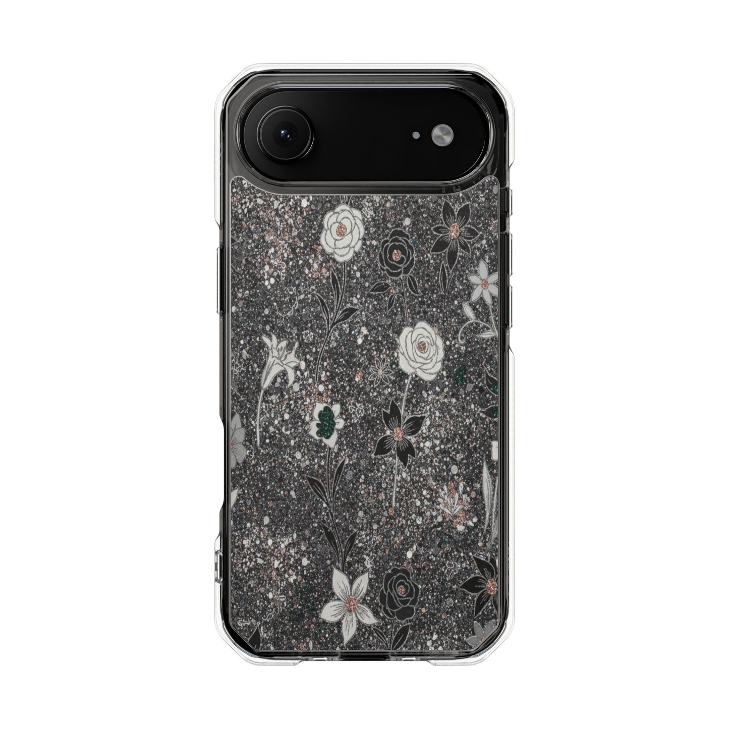 Clear Floral Glitter Magnetic Phone Case — Protective Impact Case with Rose & Daisy Design