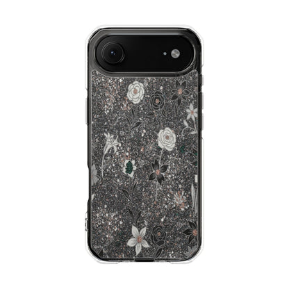 Clear Floral Glitter Magnetic Phone Case — Protective Impact Case with Rose & Daisy Design